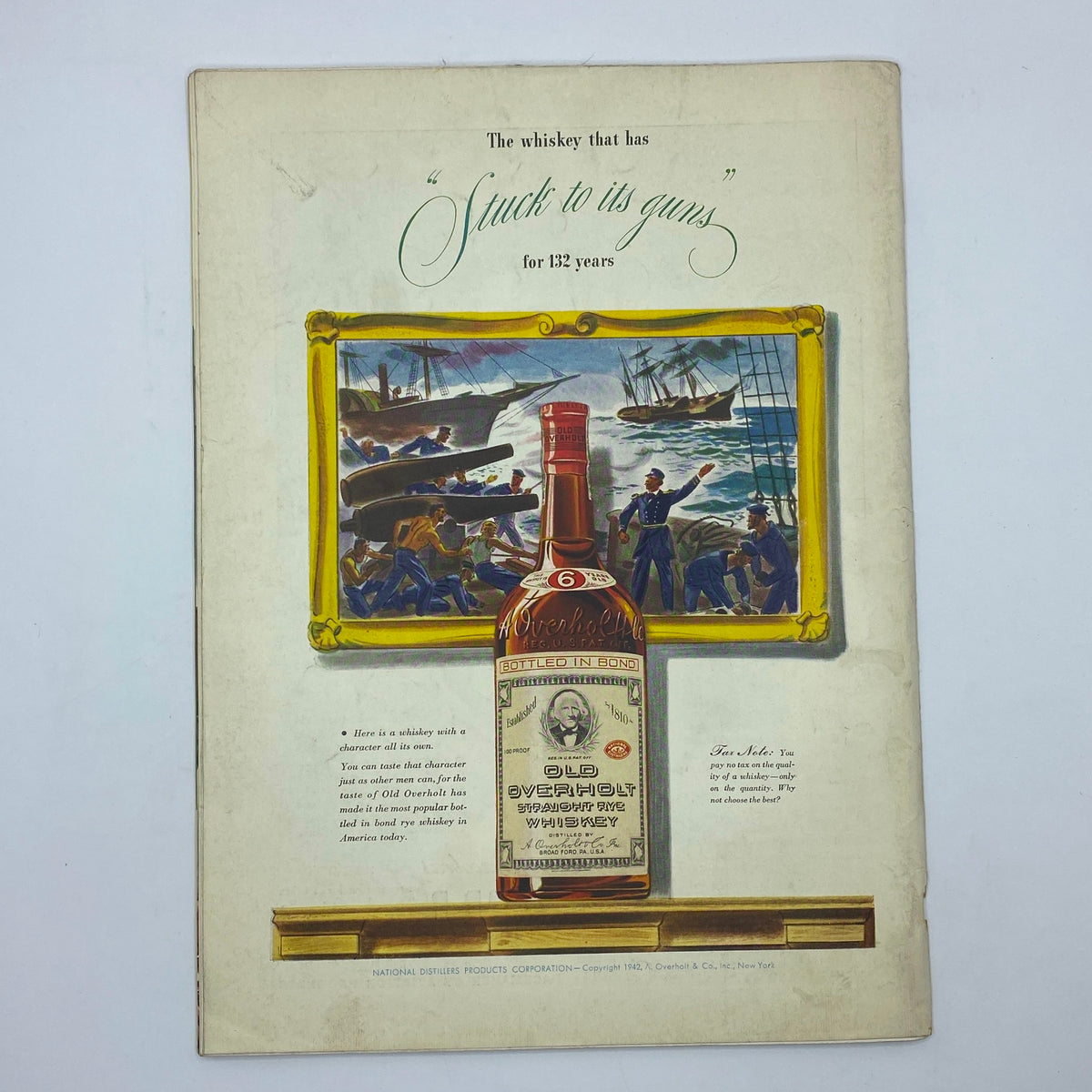 The New Yorker Complete Magazine November 28, 1942 featuring an advertisement for Old Overholt Whiskey, displaying a whiskey bottle with historical imagery in the background.