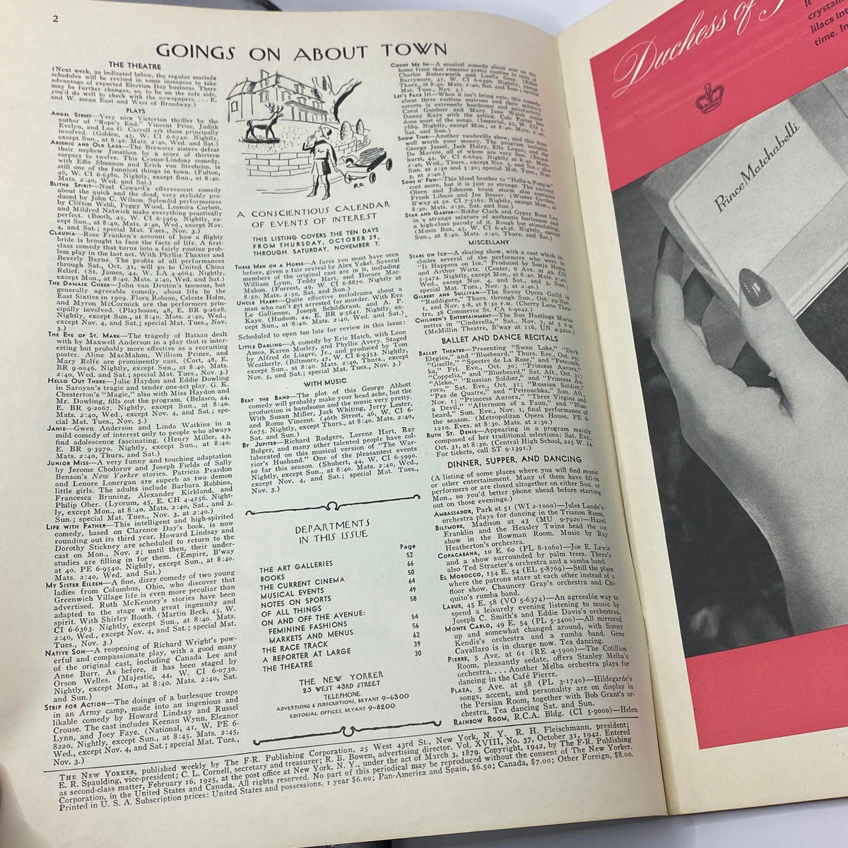 Inside spread of The New Yorker magazine from October 31, 1942 featuring a segment titled 'Goings on About Town', showcasing events and cultural highlights of the time. This edition includes Rea Irvin's iconic cover.