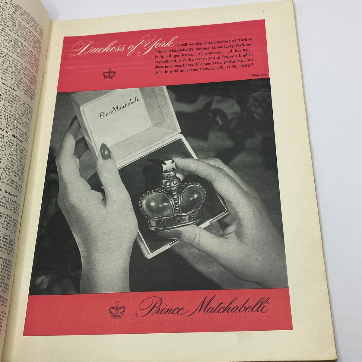 Advertisement page from The New Yorker magazine, October 31, 1942, for Prince Matchabelli perfume, illustrating elegant hand holding a crown-shaped perfume bottle on a striking red background.