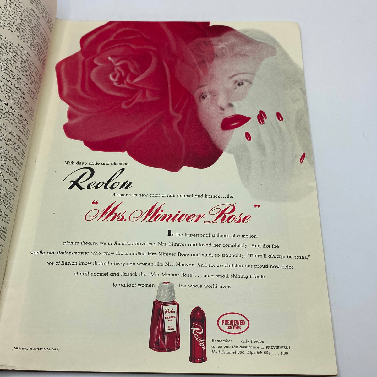 Advertisement for Revlon’s 'Mrs. Miniver Rose' nail enamel and lipstick, featured in The New Yorker magazine from November 7, 1942, with a striking red rose and glamorous imagery.