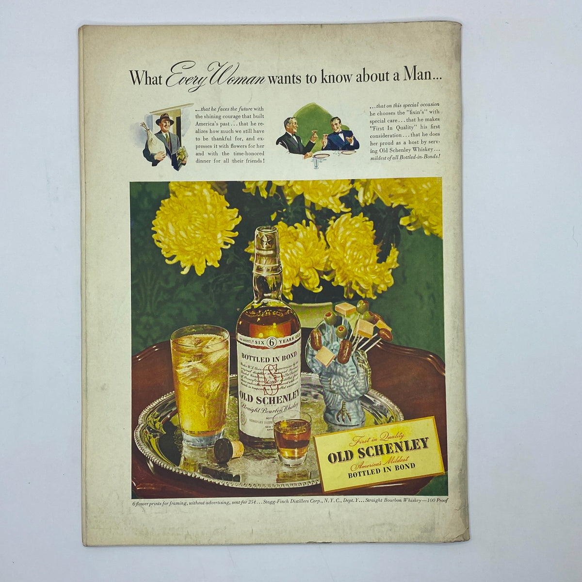 Vintage advertisement for Old Schenley whiskey from The New Yorker magazine, November 7, 1942, displaying a bottle alongside glasses and chrysanthemums.