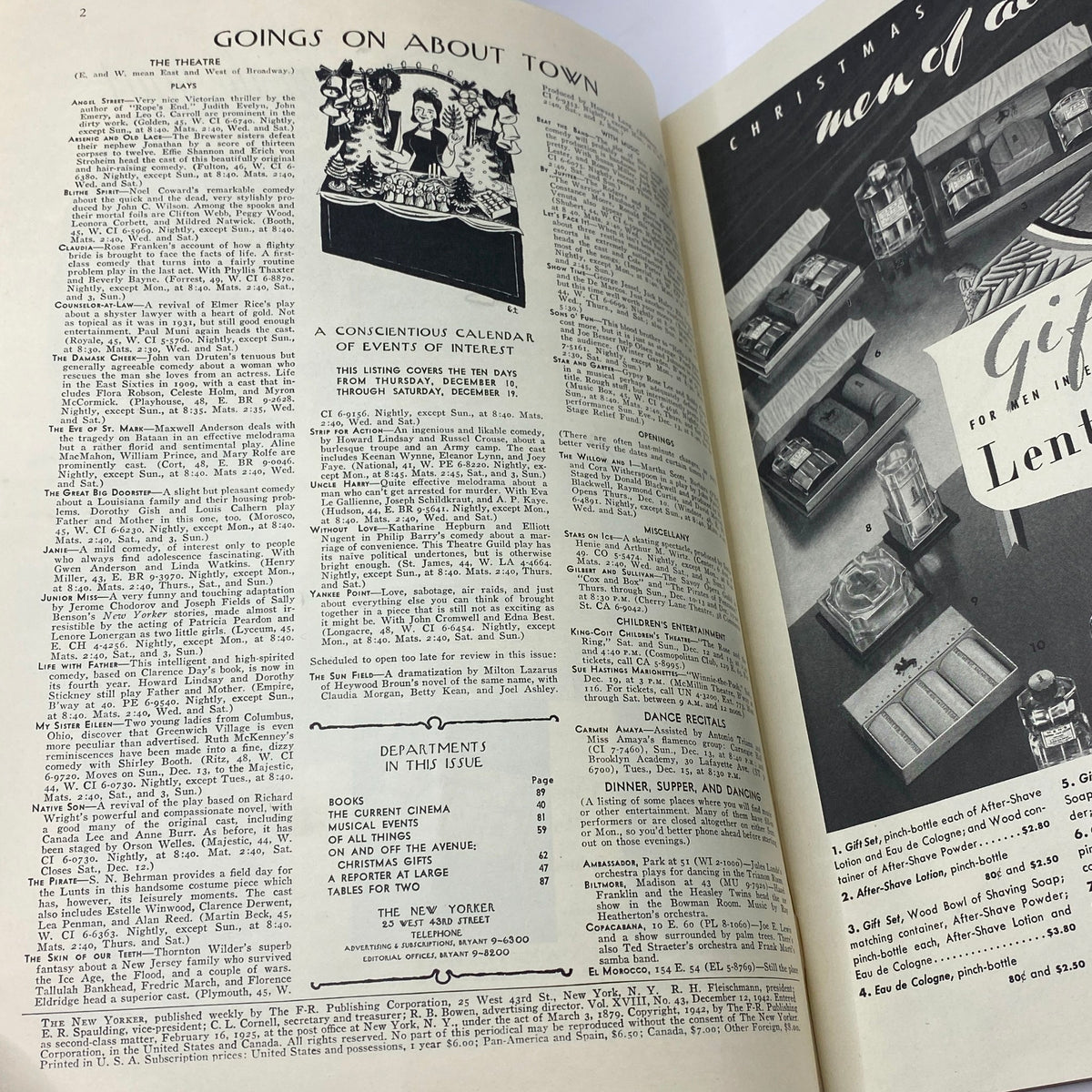 Inside page of The New Yorker magazine dated December 12, 1942, showing 'Goings On About Town' with an illustrated calendar and events of interest, featuring content relevant to World War II.