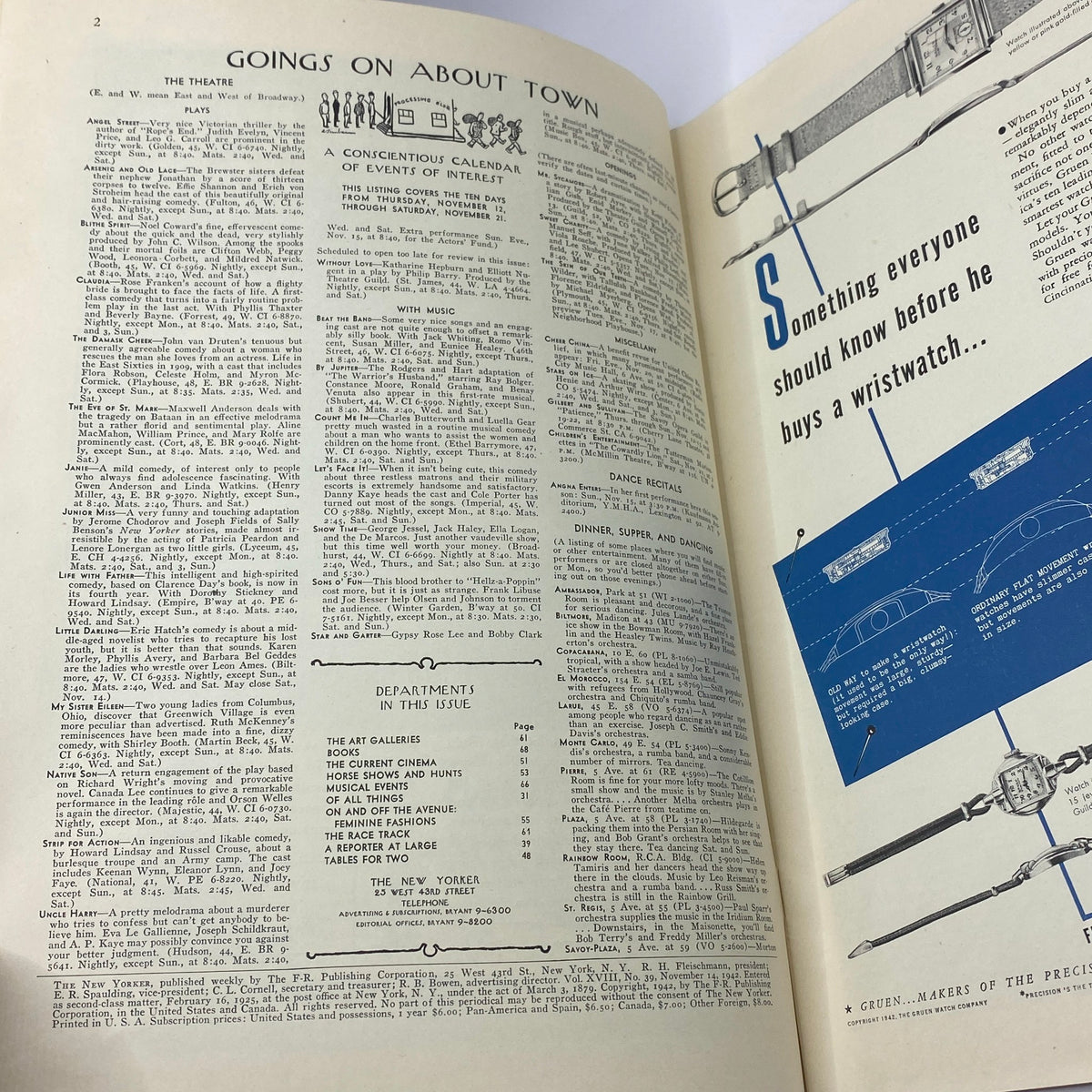 Interior page of The New Yorker Magazine from November 14, 1942, featuring a calendar of events and listings, showcasing the unique typography and layout of the time.