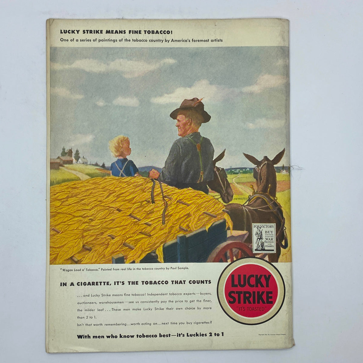 Back cover of The New Yorker Magazine November 14, 1942, advertising Lucky Strike cigarettes with a colorful illustration depicting rural tobacco farming.