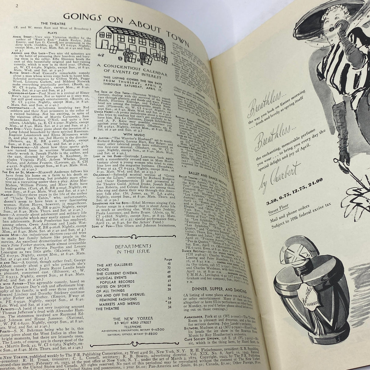 Goings on About Town section from The New Yorker Complete Magazine April 10, 1943 featuring theatrical events and cultural highlights.