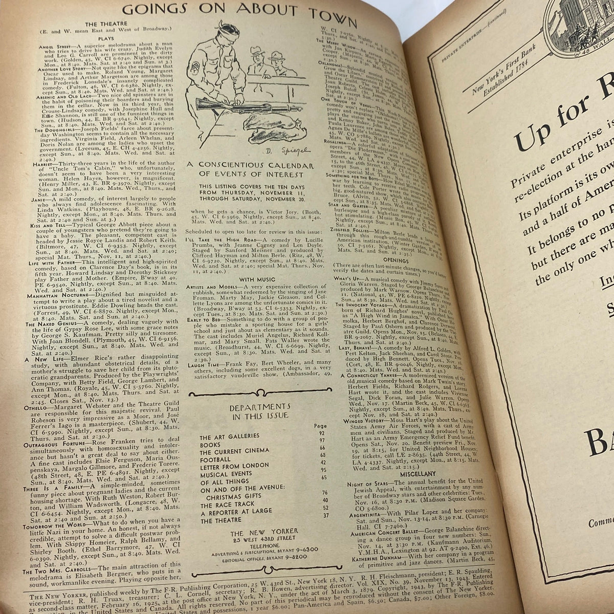 Inside page of The New Yorker, November 13, 1943, showcasing the 'Goings On About Town' section with listings of theater and events.
