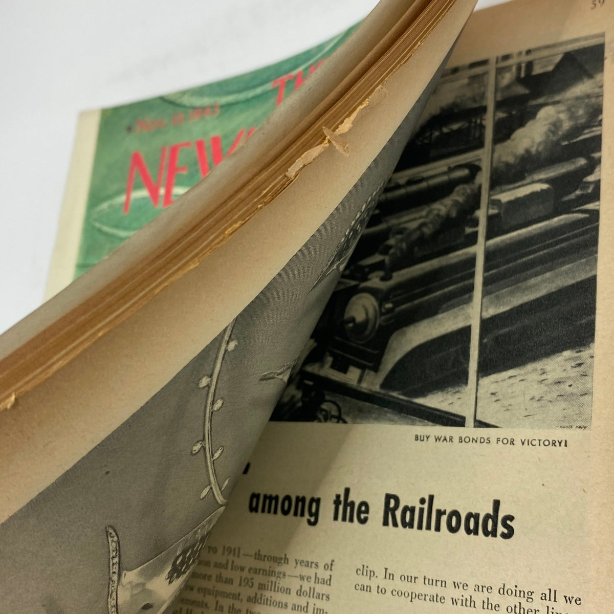 Inside view of The New Yorker Complete Magazine from November 13, 1943, showing vintage pages and historical content.
