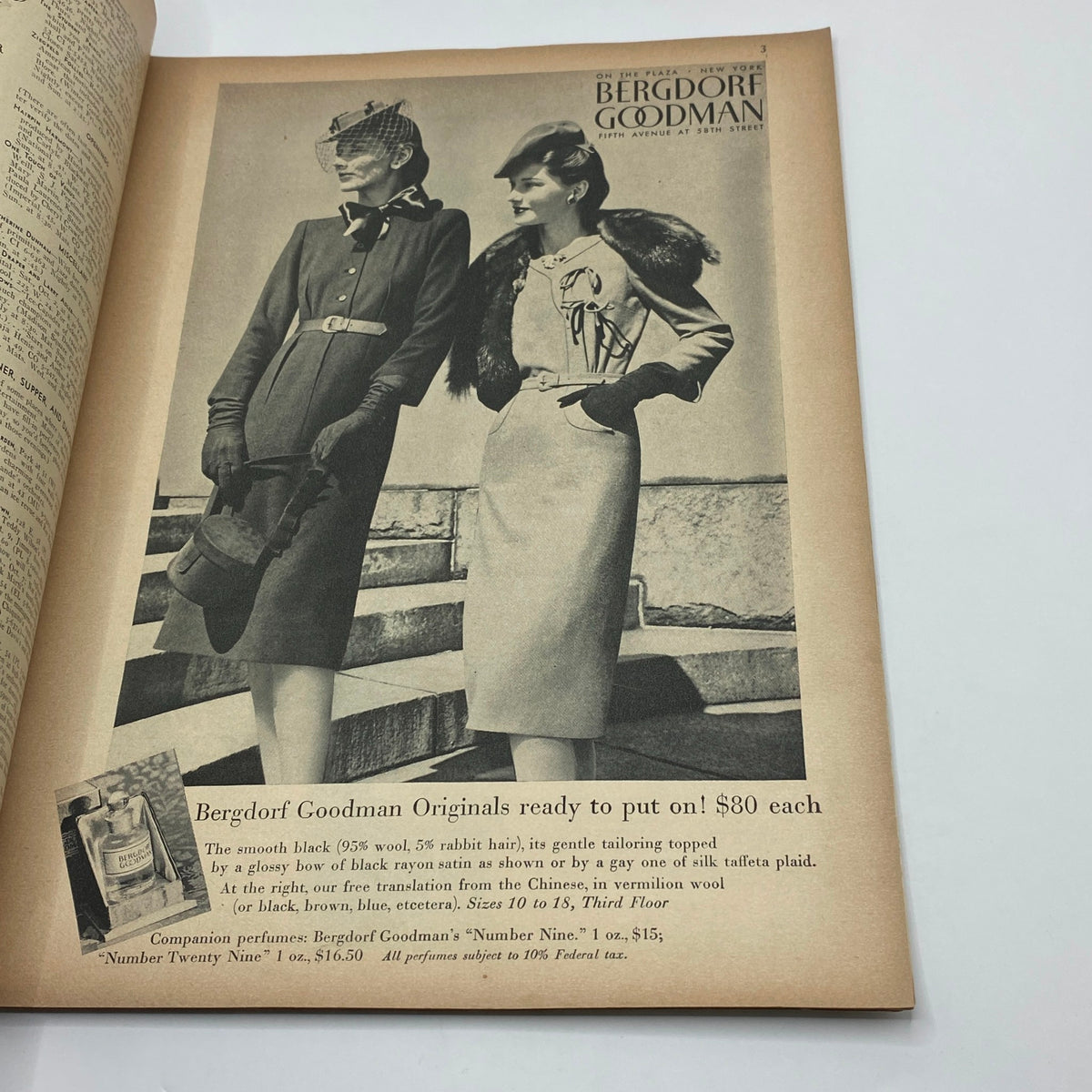 Fashion advertisement featuring models in stylish outfits from Bergdorf Goodman, showcasing luxury clothing from the October 2, 1943 The New Yorker Complete Magazine.