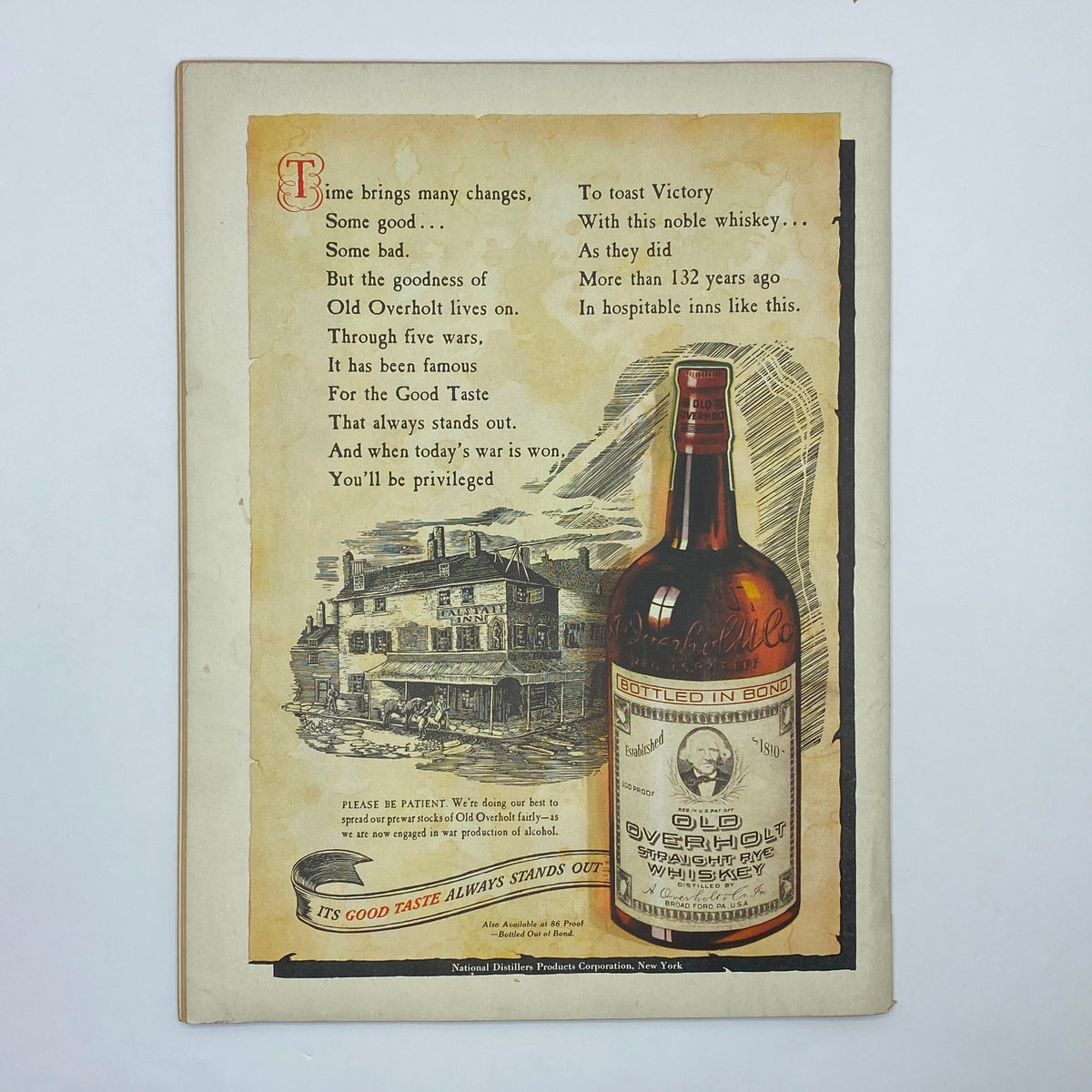 Vintage advertisement for Old Overholt whiskey, highlighting its long-standing reputation and quality, from The New Yorker Complete Magazine October 2, 1943.