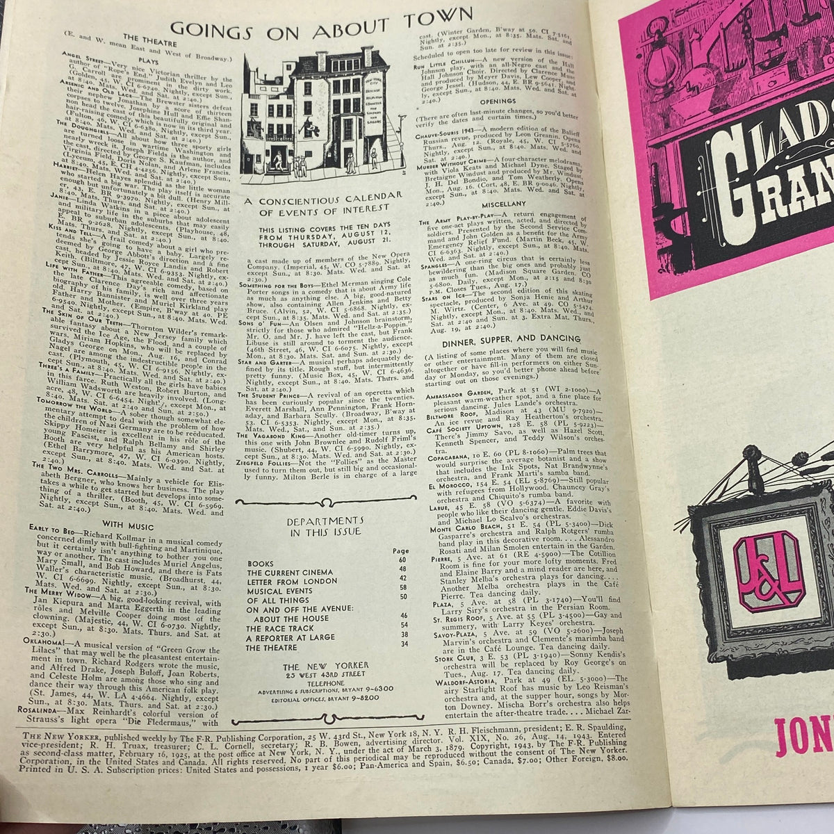 Interior page from The New Yorker Complete Magazine August 14, 1943 showcasing the 'Goings on About Town' section with a calendar of events.