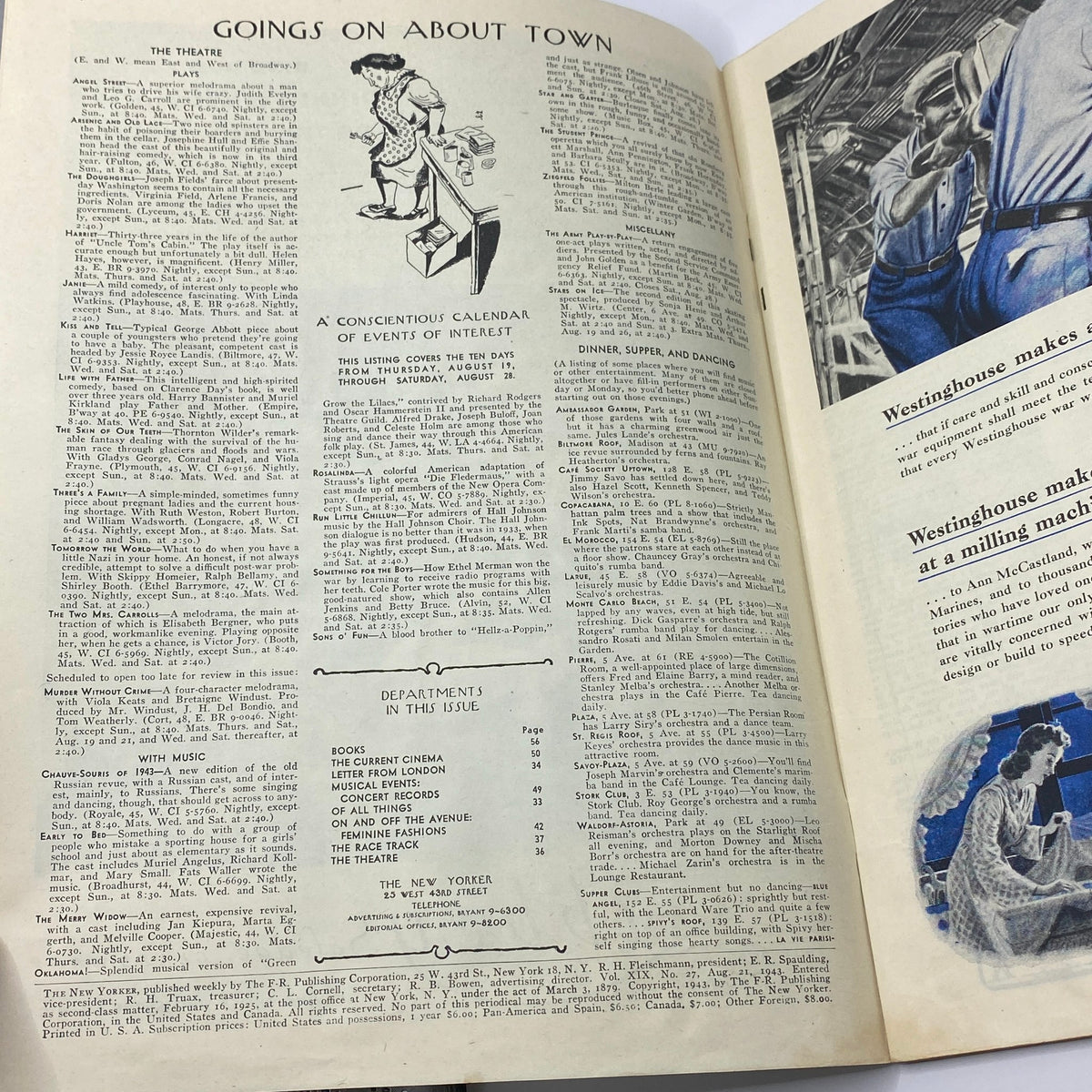 Interior pages of The New Yorker Complete Magazine August 21, 1943, showcasing 'Goings On About Town' and various events listings, a collector's item from Original Magazines.