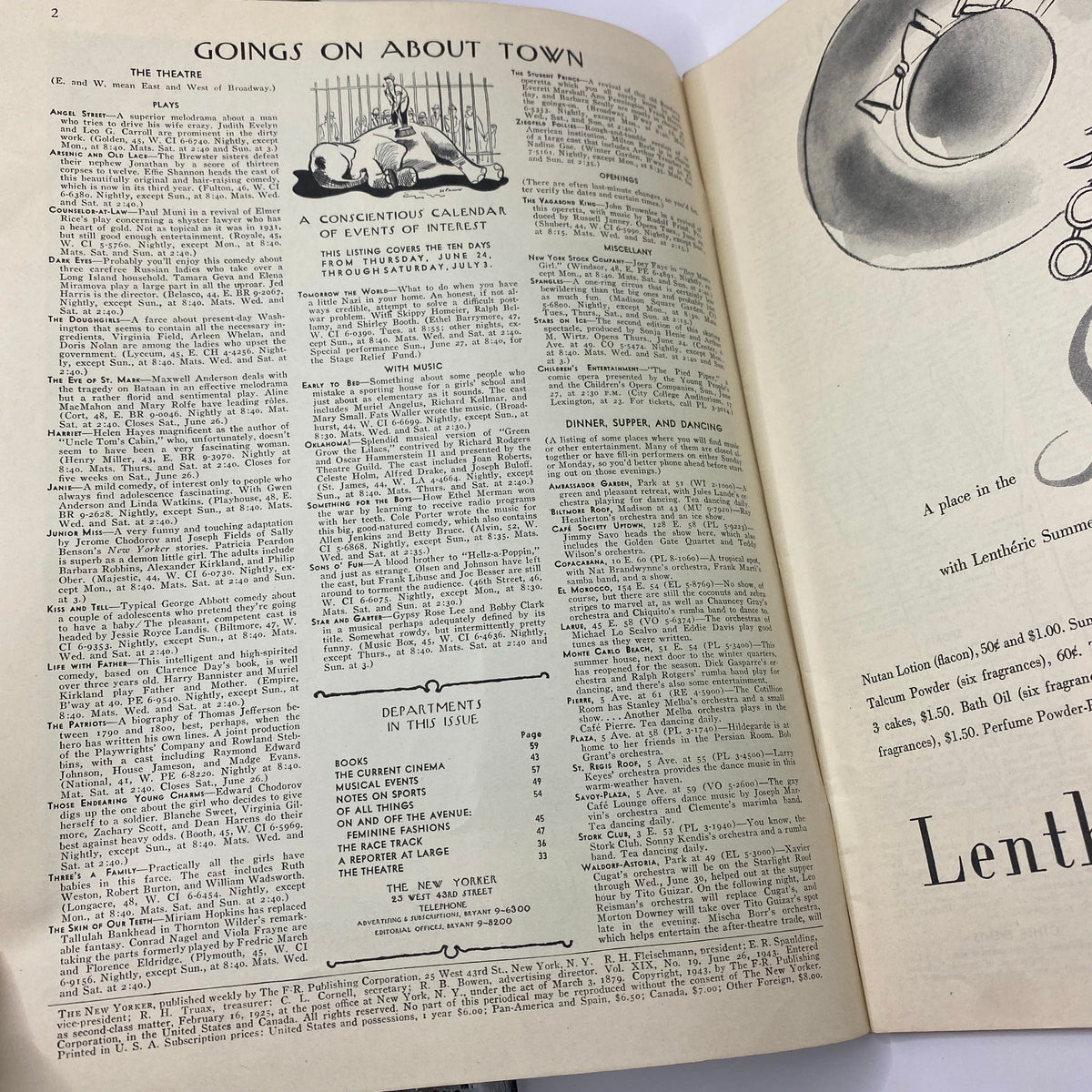 Inside page of The New Yorker magazine dated June 26, 1943 featuring the 'Goings On About Town' section with listings and events. Title: The New Yorker Complete Magazine June 26, 1943 Rea Irvin Cover VG.