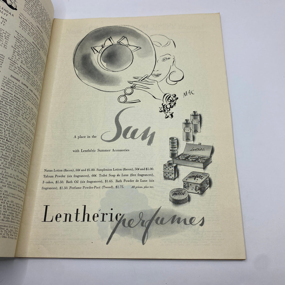 Second inside page of The New Yorker magazine dated June 26, 1943 advertising Lentheric perfumes with illustrations of summer accessories. Title: The New Yorker Complete Magazine June 26, 1943 Rea Irvin Cover VG.