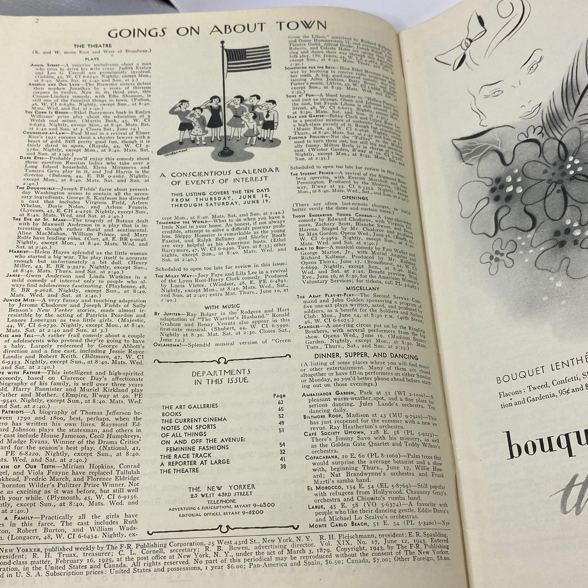 Interior layout of The New Yorker Complete Magazine June 12, 1943 highlighting the 'Goings On About Town' section with a vintage calendar.