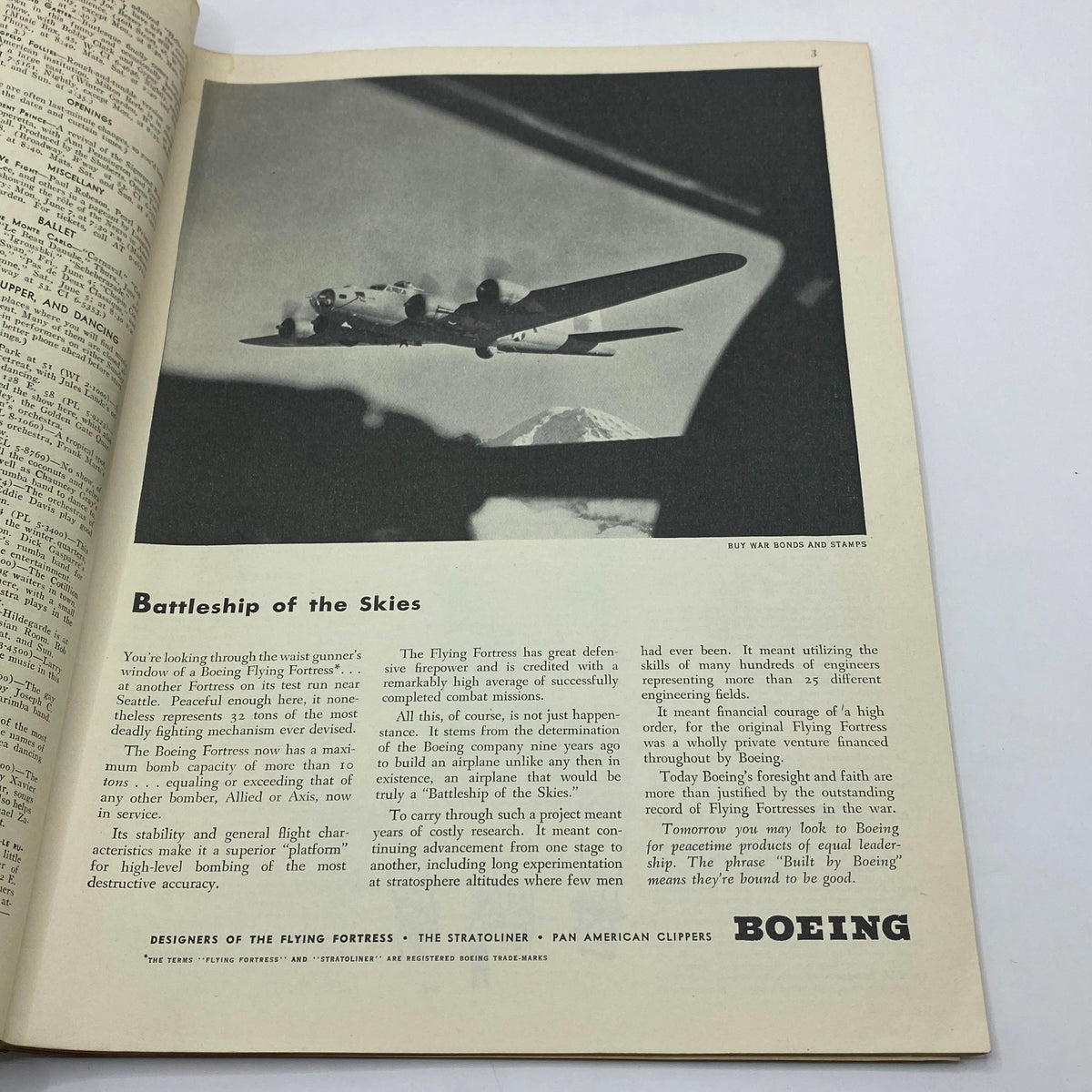 Another inside page of The New Yorker Complete Magazine June 5, 1943 featuring an article titled 'Battleship of the Skies' with an image of a Boeing Flying Fortress.
