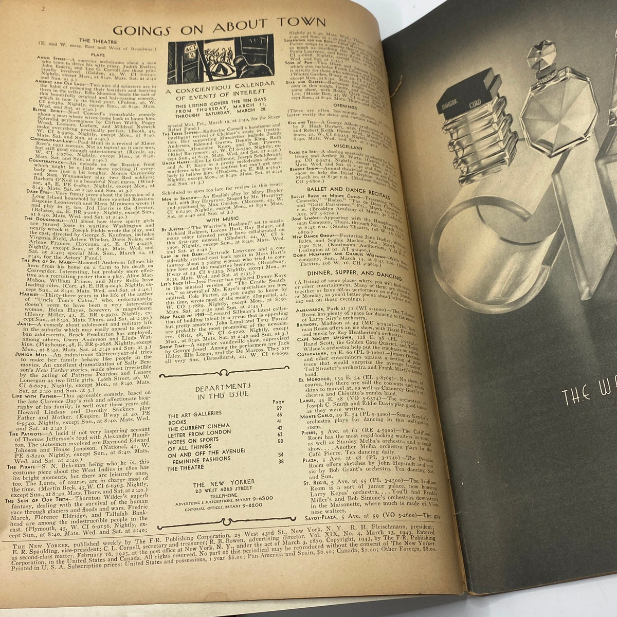 Inside page of The New Yorker magazine from March 13, 1943 featuring the 'Goings On About Town' section highlighting theatrical events and listings, reflecting the cultural scene of the time.