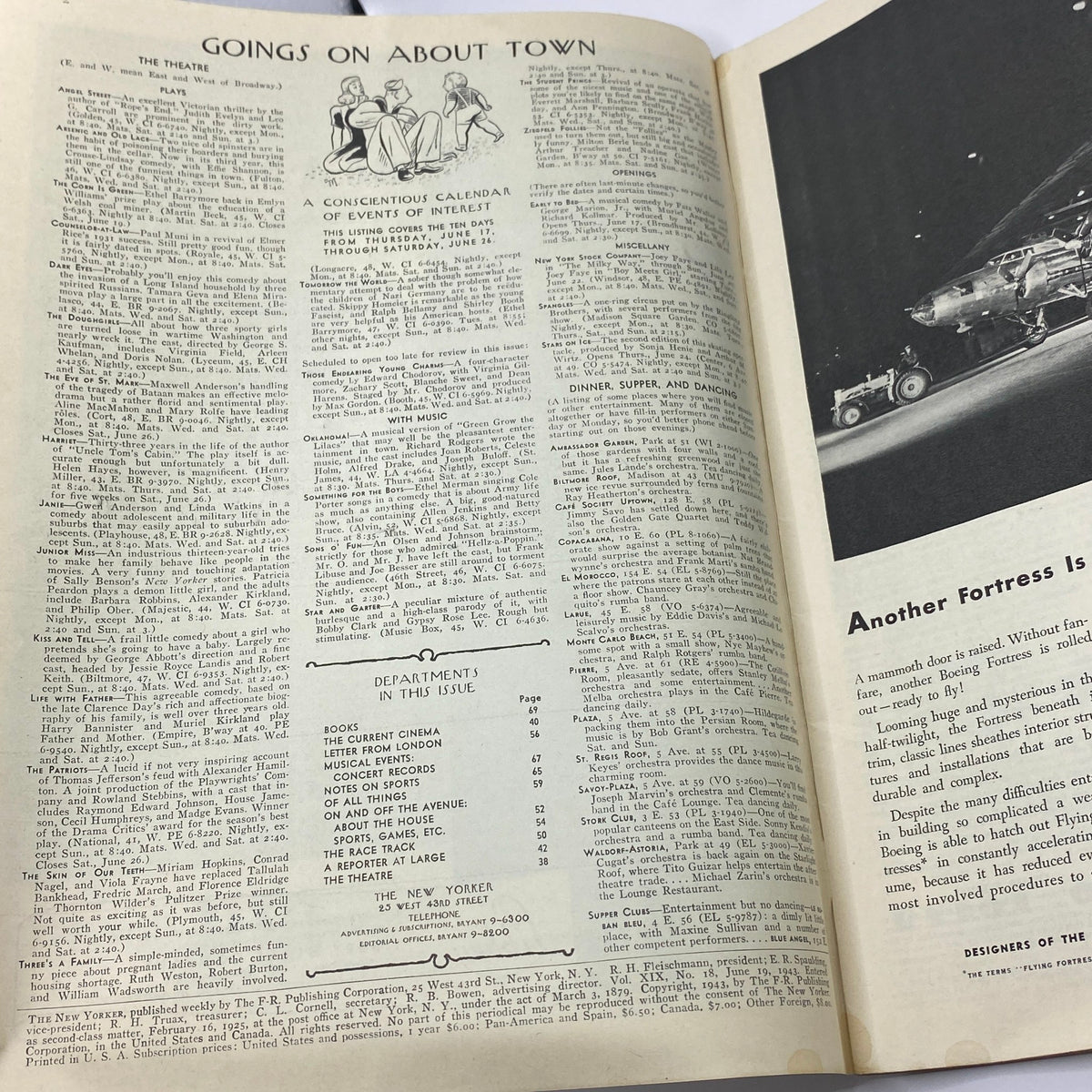Inside spread of The New Yorker Complete Magazine June 19, 1943 featuring the 'Goings on About Town' section, showcasing events and listings from the era.