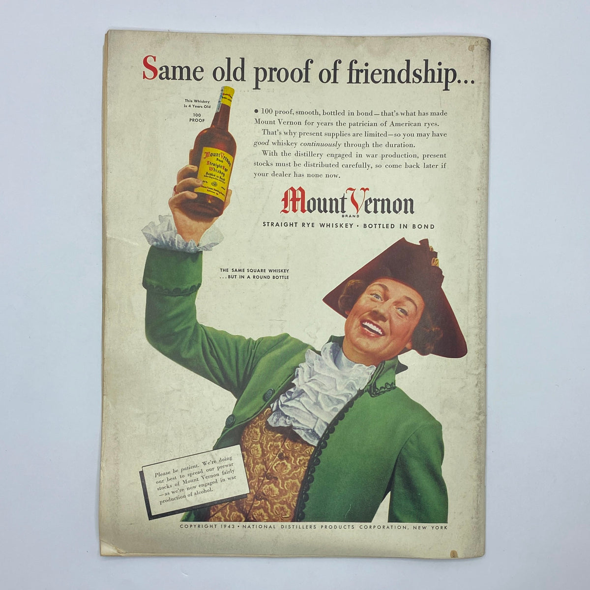 Advertisement from The New Yorker Complete Magazine June 19, 1943 for Mount Vernon Straight Rye Whiskey, featuring a jovial character promoting the brand.