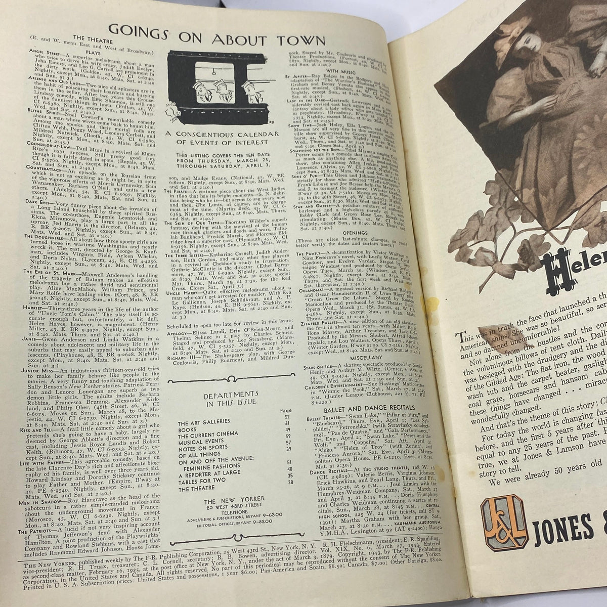 Interior page of The New Yorker Complete Magazine March 27, 1943 displaying a calendar of events and features in the issue.