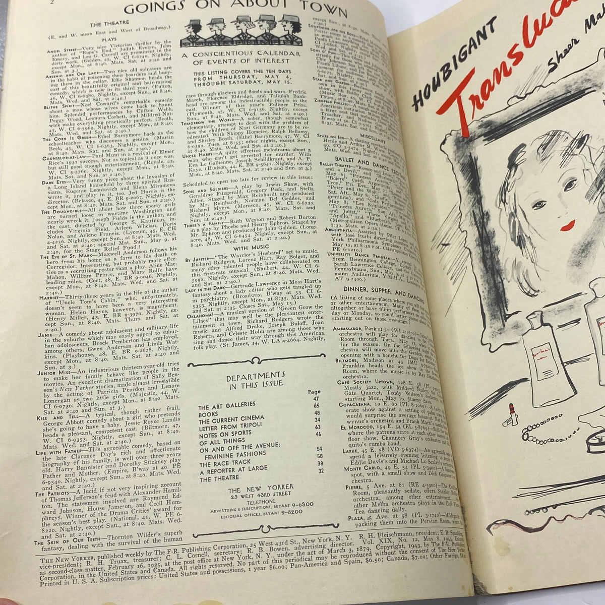 Inside pages of The New Yorker Complete Magazine from May 8, 1943 featuring calendar of events, newspaper-style content, and advertising sections that provide a glimpse into the culture and social happenings of the time.