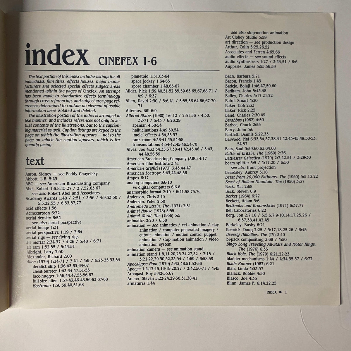Index page from Cinefex Magazine March 1980 to October 1981 Index Issues 1-6, detailing the contents and contributors related to visual effects.