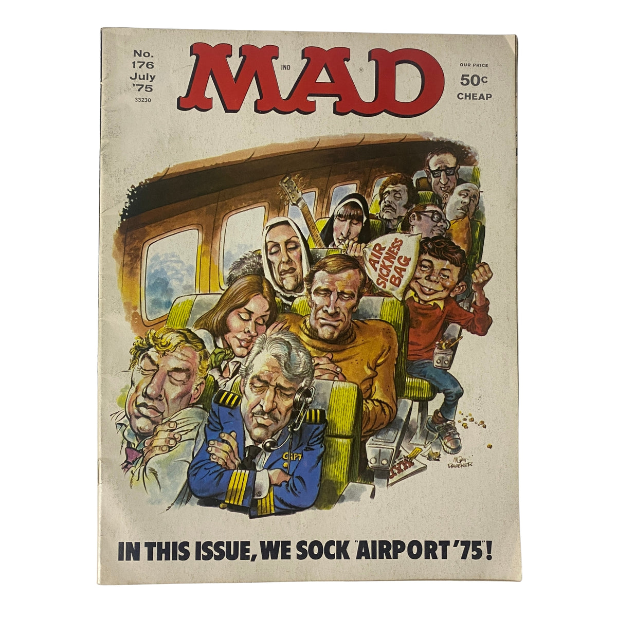 Cover of Mad Magazine July 1975 No. 176 featuring a humorous illustration related to the spoof 'We Sock Airport ’75', capturing a crowded airport scene with iconic characters. 4.0 Very Good condition.