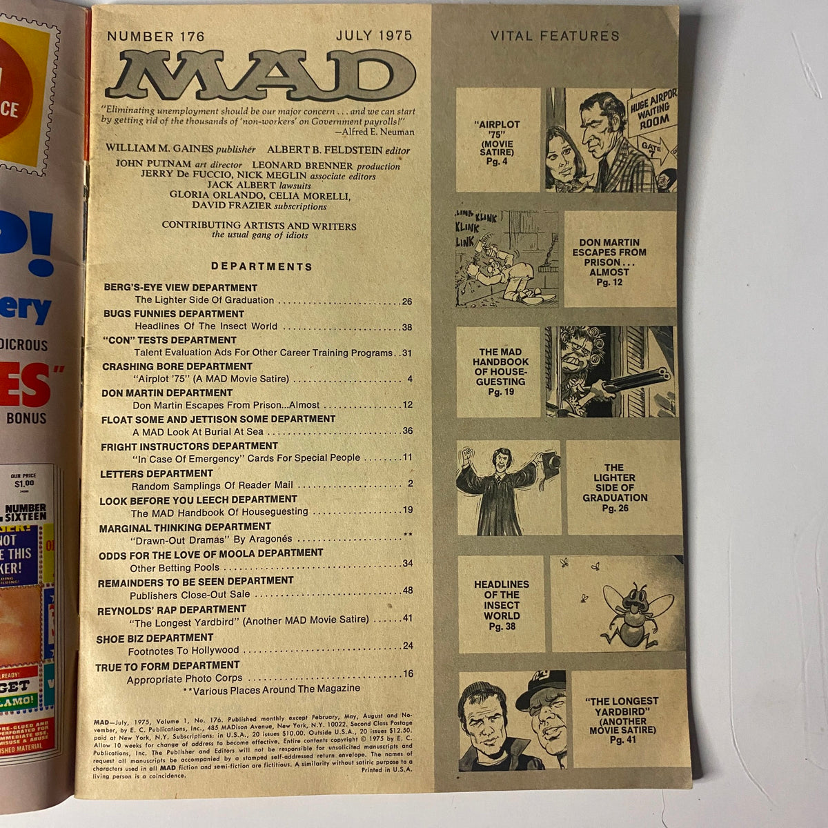 Interior page of Mad Magazine July 1975 No. 176 listing vital features and departments, including sections like 'Airplot ’75' and 'The MAD Movie Satire'. This vintage issue provides a glimpse into its humor-filled content.