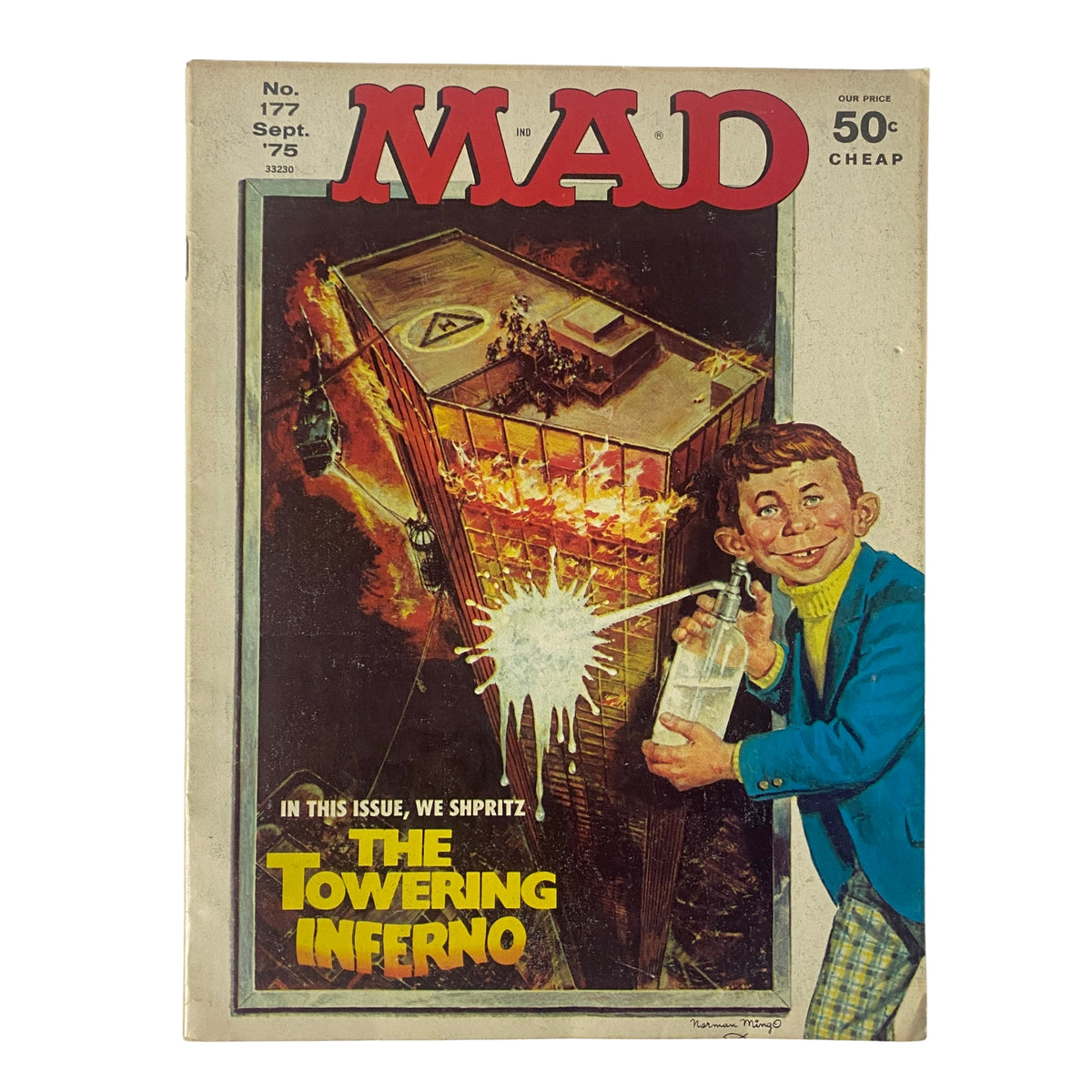 Mad Magazine September 1975, Issue No. 177 featuring a cover illustration parodying The Towering Inferno, showcasing a comedic character with a spray bottle.