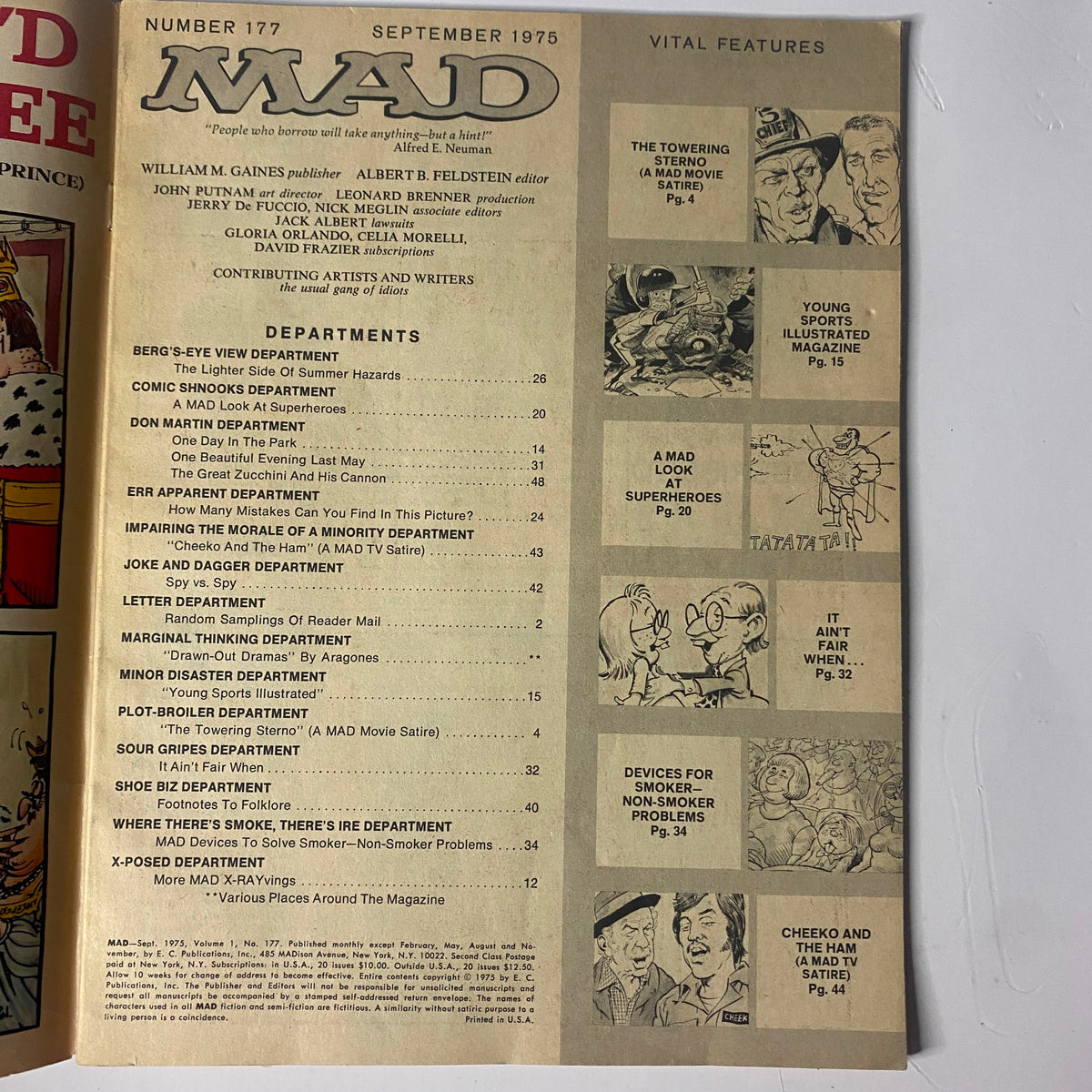 Inside page of Mad Magazine September 1975, Issue No. 177 detailing the magazine's features including satire on The Towering Inferno and other comedic departments.