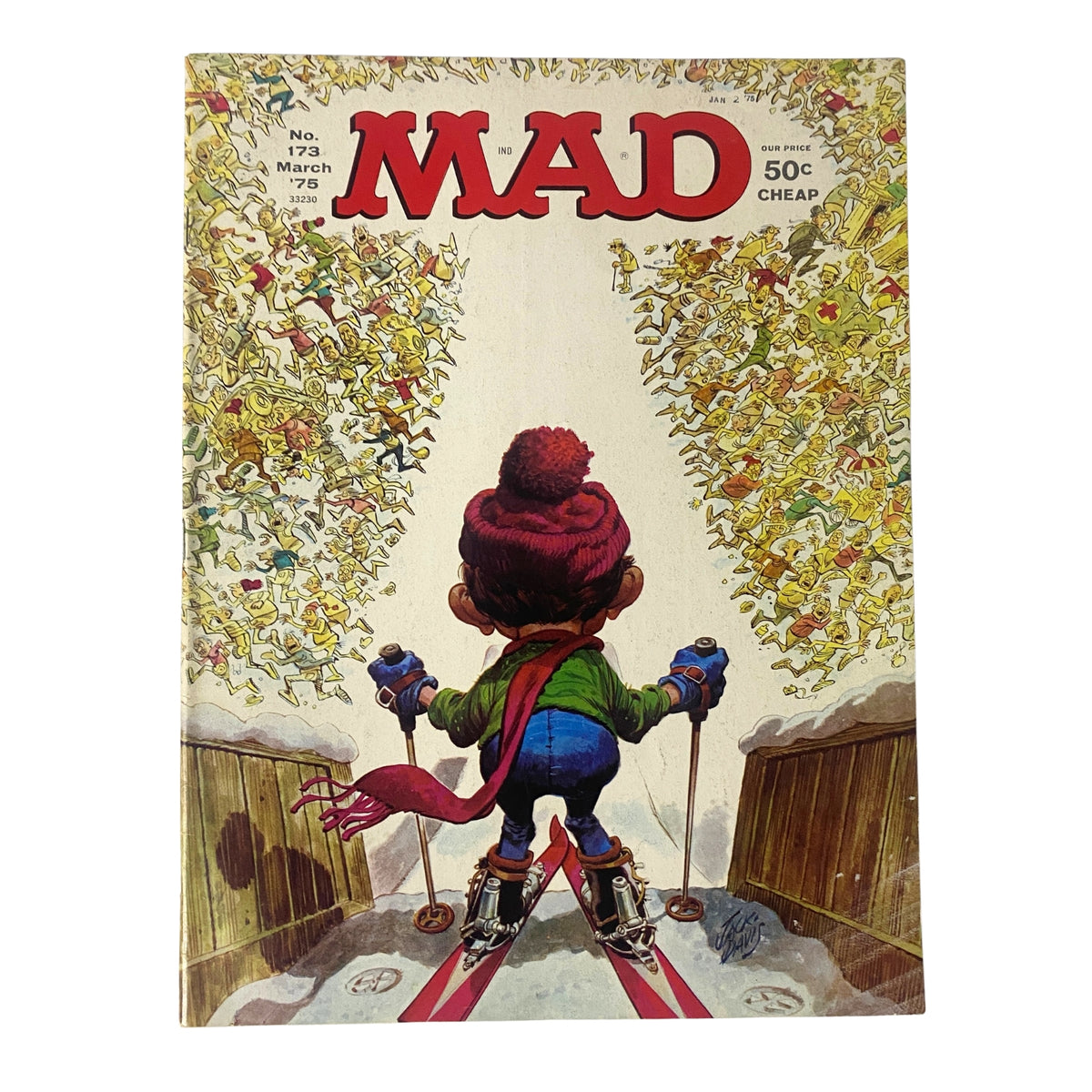 Cover of Mad Magazine March 1975 No. 173 featuring Alfred E. Neuman skiing, showcasing vibrant colors and humorous artwork. This issue is graded 6.0 Fine (FN), perfect for collectors of vintage humor.
