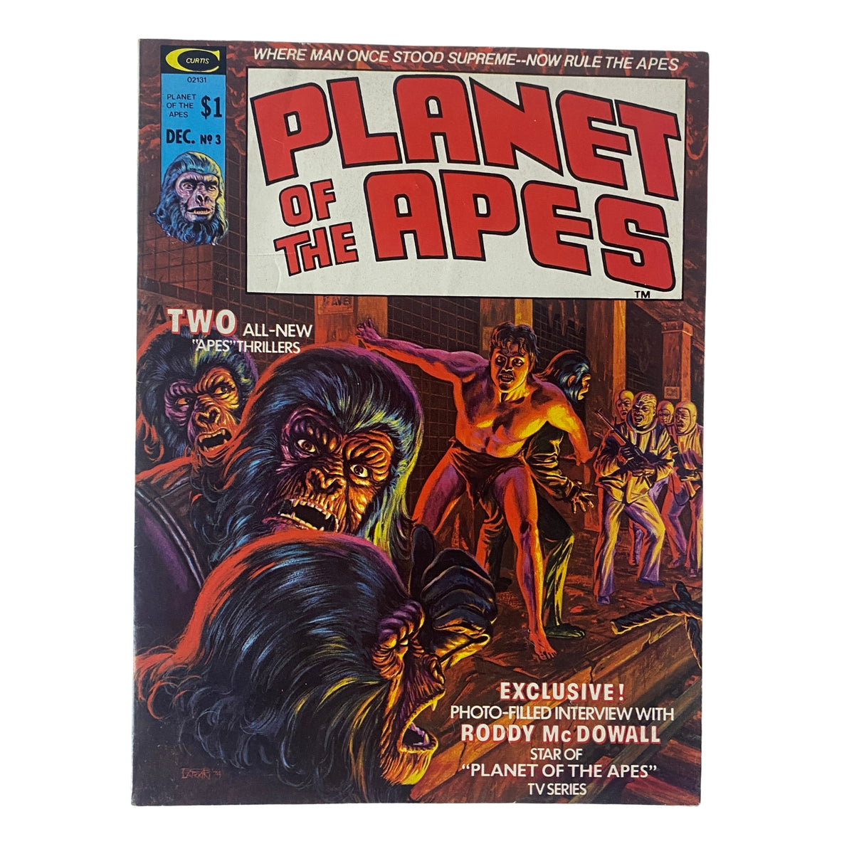 Planet of the Apes December 1974 No. 3 cover featuring two all-new apes thrillers, showcasing vibrant artwork of apes in a dramatic scene.