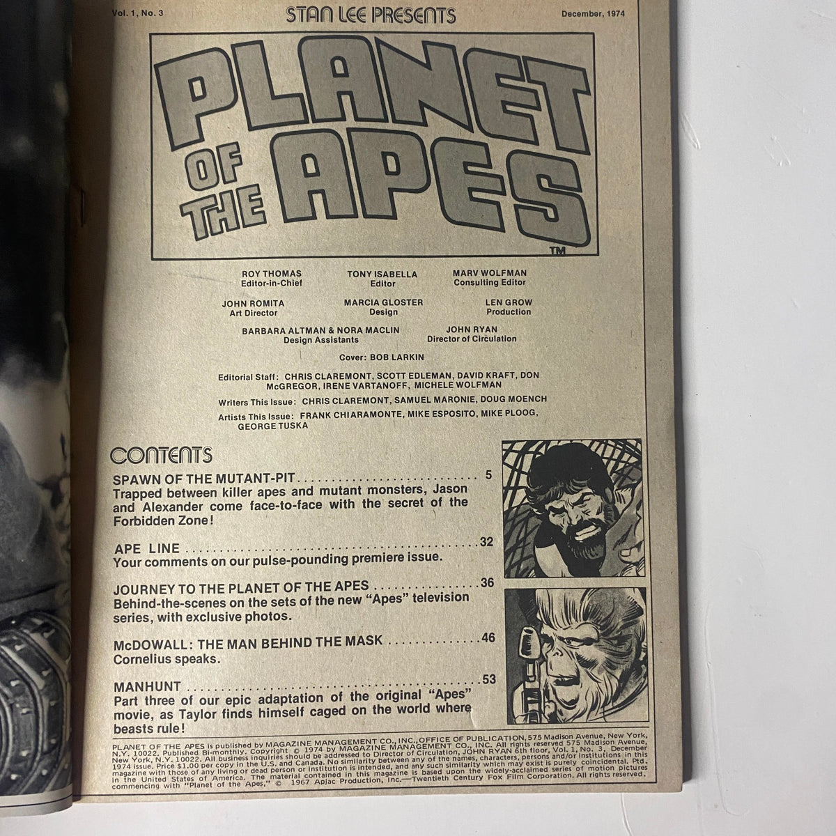 Inside page of Planet of the Apes December 1974 No. 3 detailing the magazine's contents, including stories like 'Spawn of the Mutant-Pit' and features on Roddy McDowall.