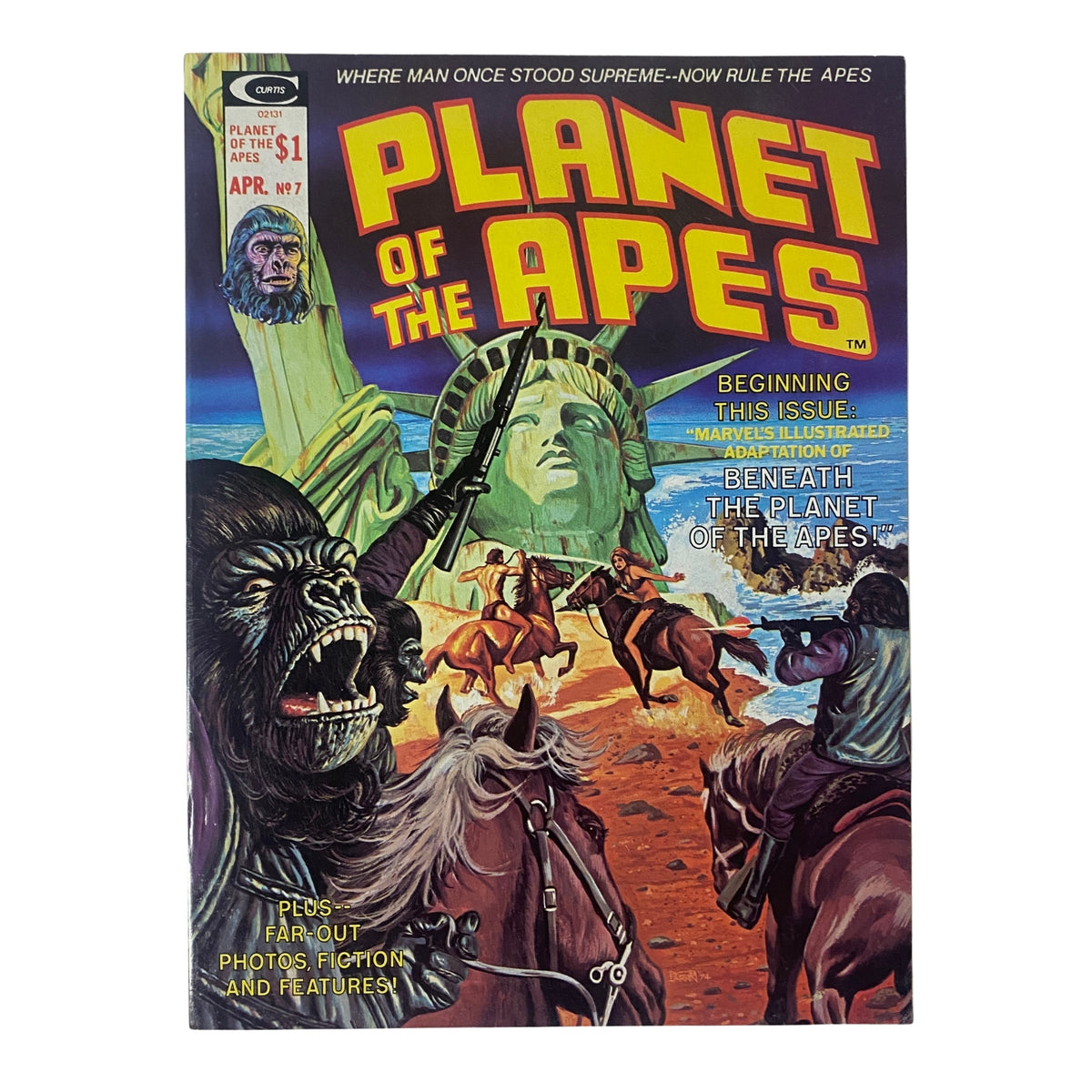 Cover of Planet of the Apes April 1975 Issue No. 7 featuring illustrations related to 'Beneath the Planet of the Apes', depicting characters and scenes from the iconic franchise.