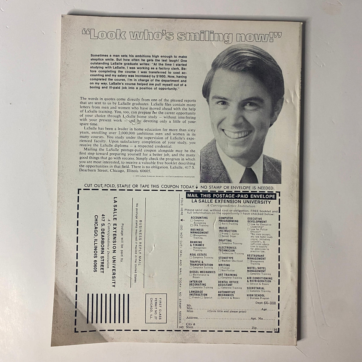 Back cover of Planet of the Apes April 1975 Issue No. 7 displaying an advertisement with a smiling man, promoting La Salle Extension University.