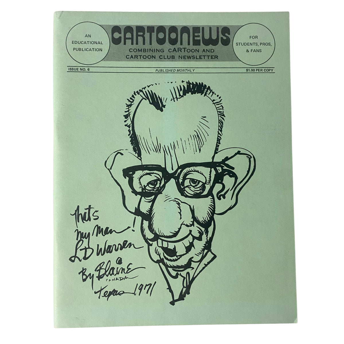Cartoonews Newsletter Issue No. 6 cover featuring a caricature of LD Warren by Blaine, dated 1971.