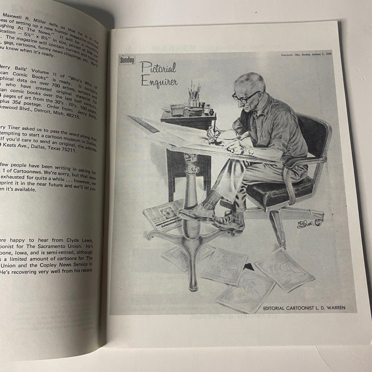 Interior page of Pictorial Enquirer showing editorial cartoonist T. D. Warren at work, associated with the Cartoonews Newsletter Issue No. 6.