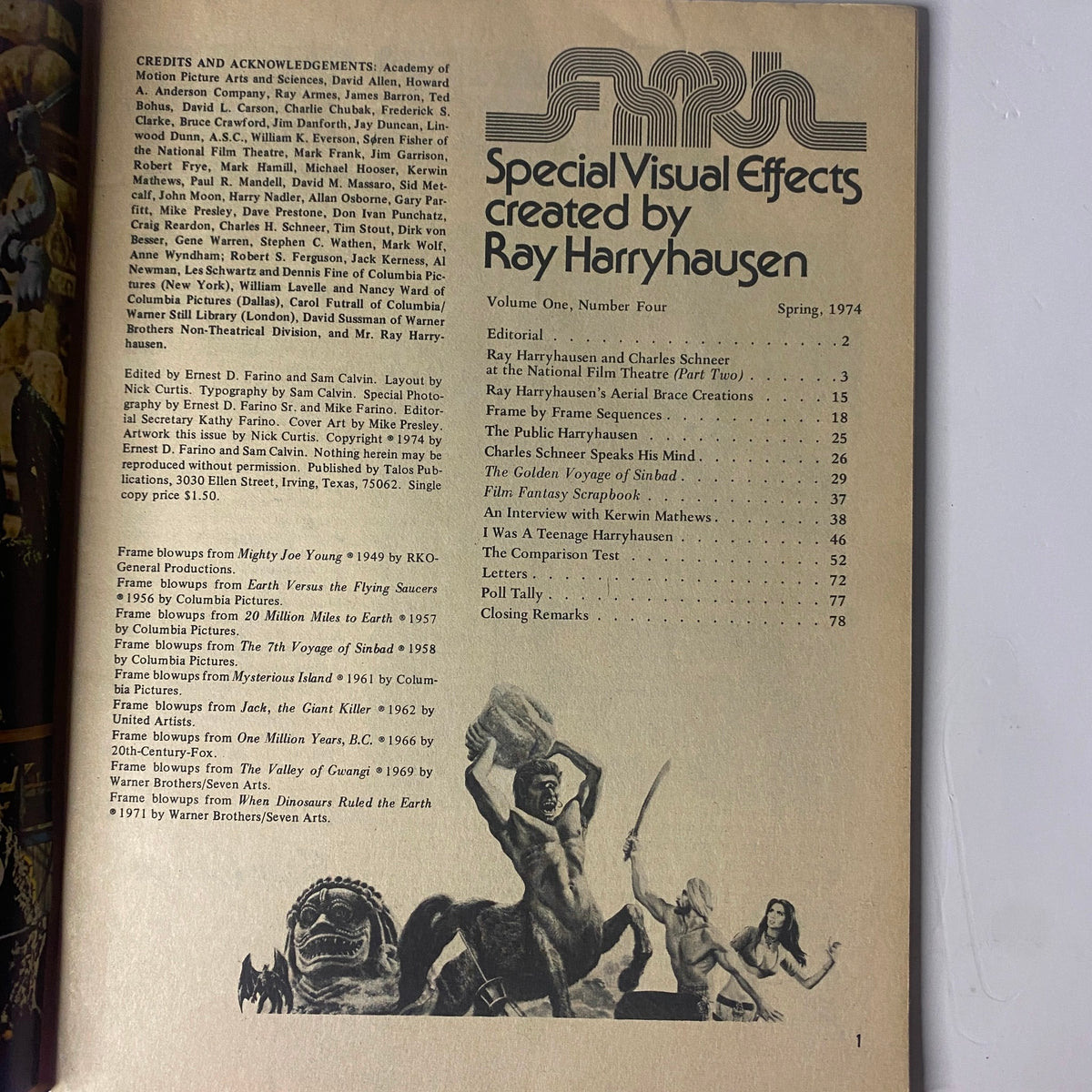Interior page from FXRH Spring 1974, outlining special visual effects created by Ray Harryhausen, including editorial notes and contents.