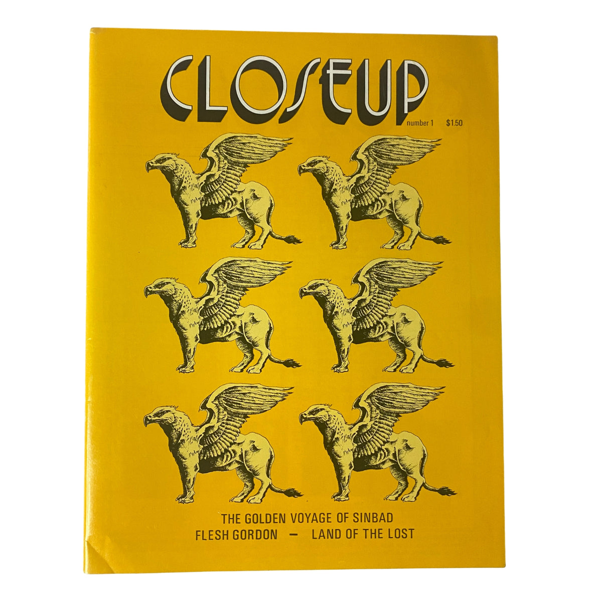 Cover of Closeup Magazine 1975 No. 1 featuring 'The Golden Voyage of Sinbad', including iconic Greek Griffin illustrations, vibrant yellow background. Ideal for collectors.