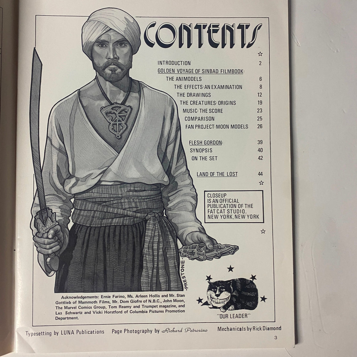 Contents page of Closeup Magazine 1975 No. 1, listing articles on 'The Golden Voyage of Sinbad', 'Flesh Gordon', and 'Land of the Lost' with artistic illustration.
