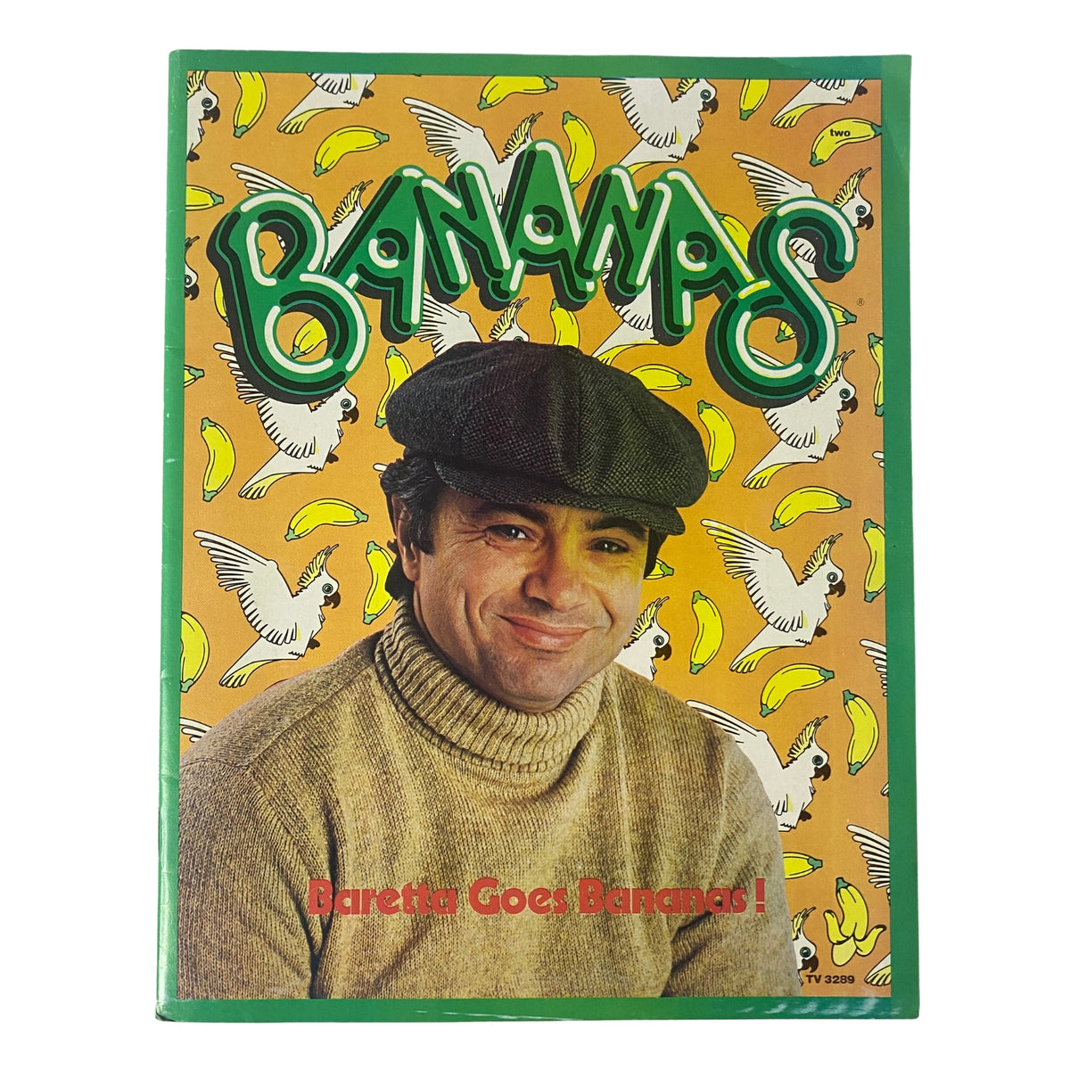 Cover of Bananas Magazine 1975 featuring Robert Blake in a sweater with a green background decorated with bananas and birds. The title 'Bananas' is prominently displayed, indicative of the magazine's vintage humor theme.