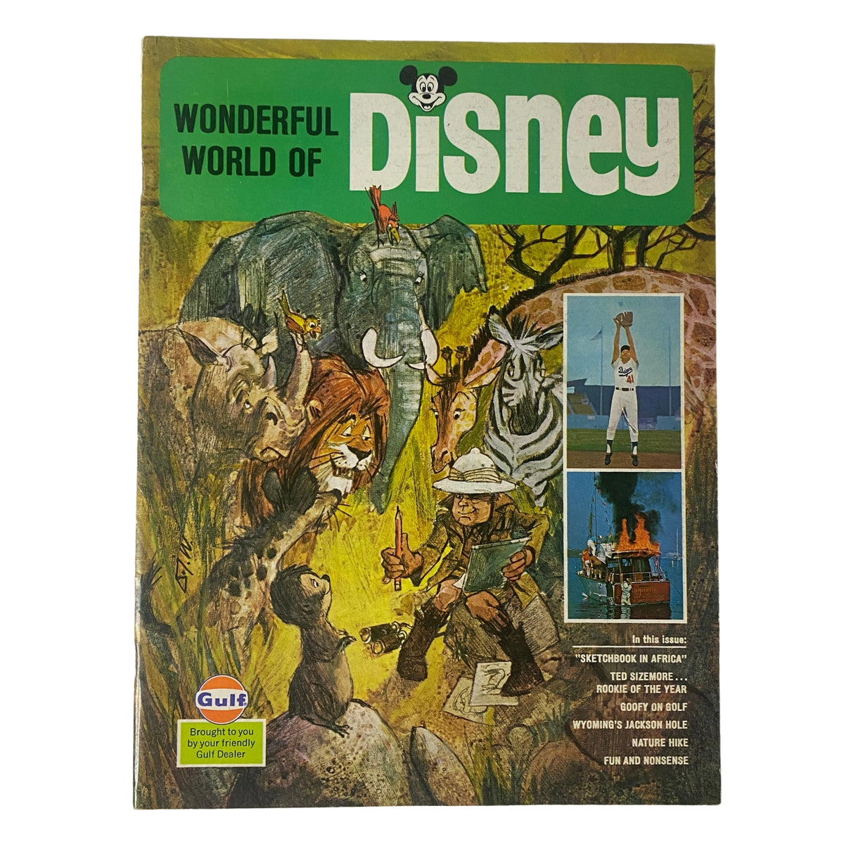 Cover of Wonderful World of Disney Magazine, 1970 No. 2 featuring Ted Sizemore and Goofy on Golf, with vibrant illustrations of animals and nature scenes.
