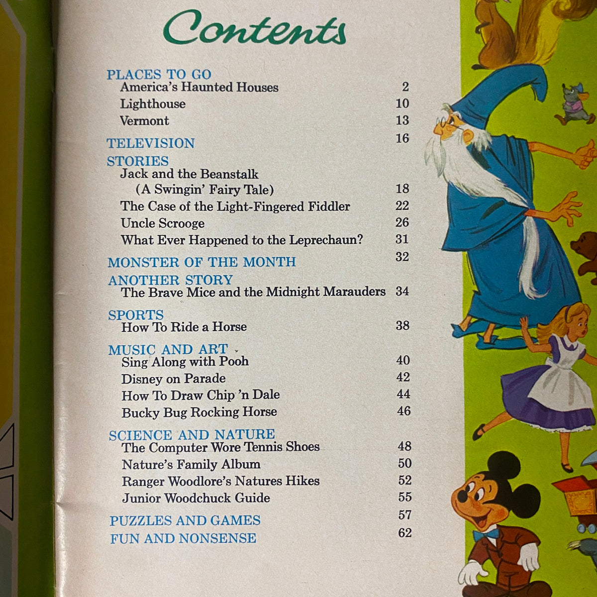 Table of contents from Wonderful World of Disney Magazine 1970 No. 4, including features like 'America's Haunted Houses' and various Disney stories.