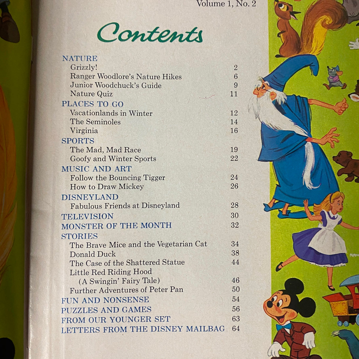 Table of contents for Wonderful World of Disney Magazine 1969 No. 2 listing articles on Grizzly, sports, music, and fun features.