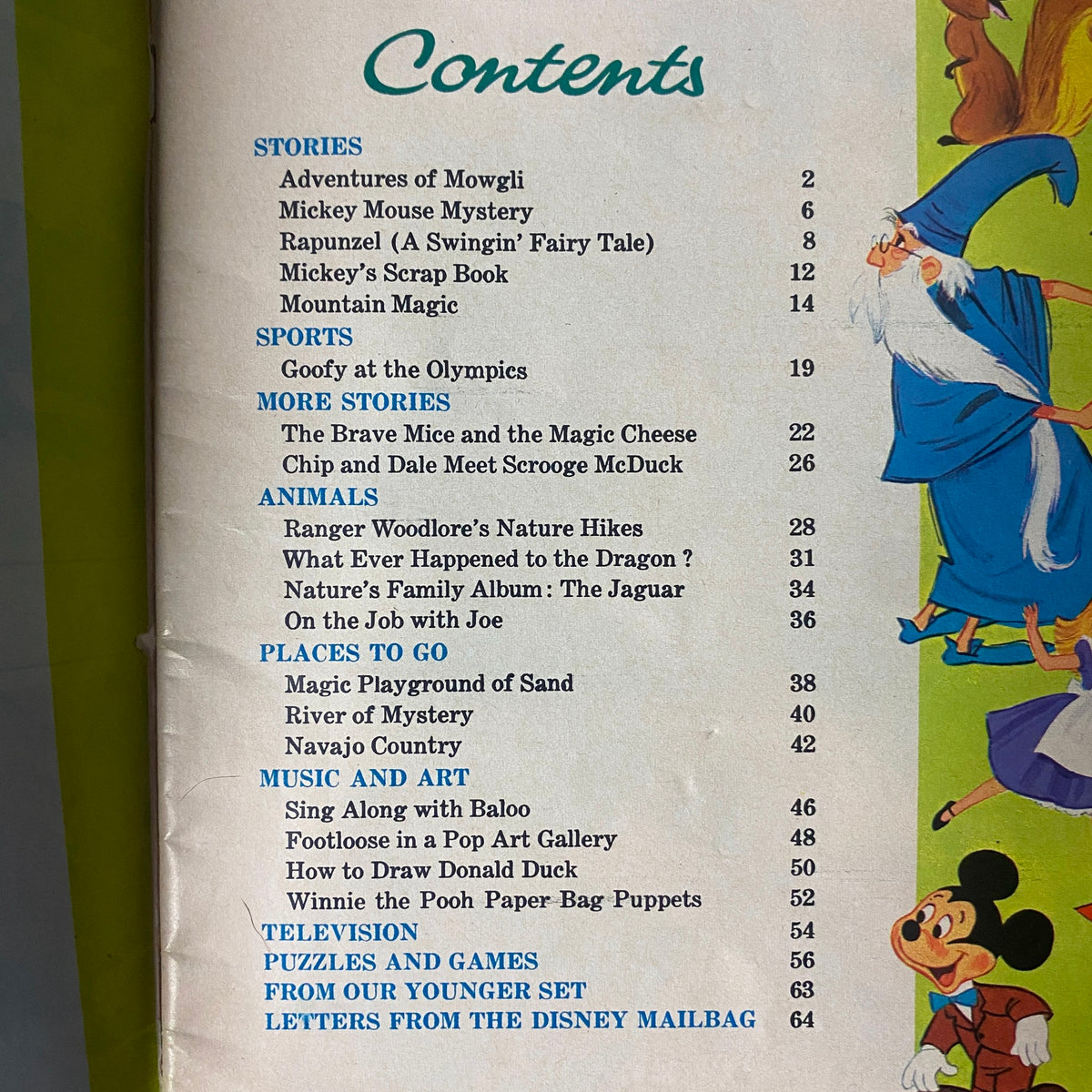 Table of contents page from Wonderful World of Disney Magazine 1968 listing stories like Adventures of Mowgli and activities including Winnie the Pooh Paper-Bag Puppets.