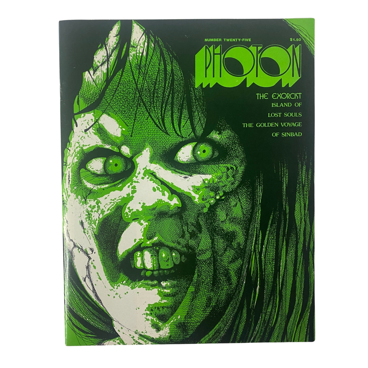 Photon Magazine 1974 No. 25 cover featuring an illustration inspired by The Exorcist with a focus on Regan's striking features and horror theme.
