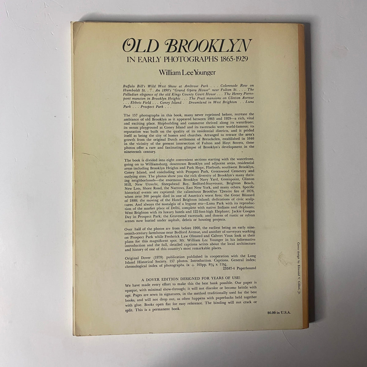 Back cover of 'Old Brooklyn in Early Photographs 1865-1929' by William Lee Younger, including publication information and historical context.