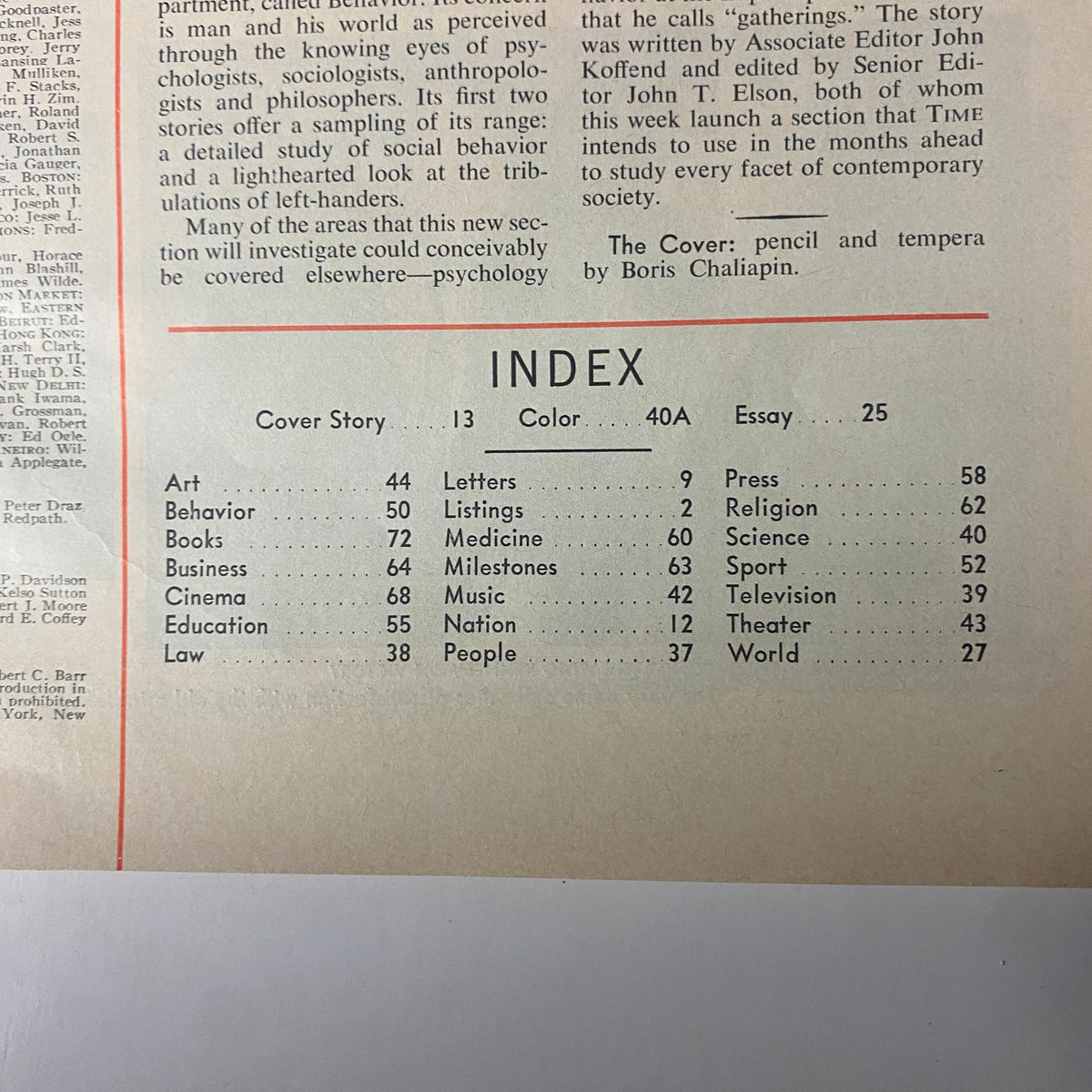 Inside page index of Time Magazine January 10, 1969, detailing various sections including Cover Story, Law, and Science.