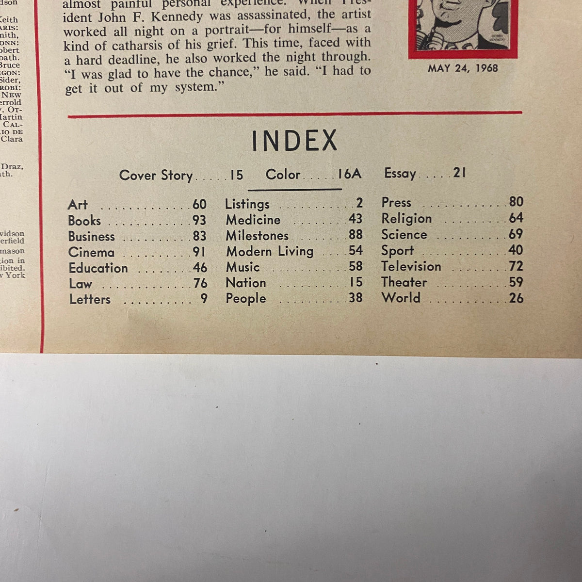 Time Magazine June 14, 1968 Robert Kennedy Cover Index Page featuring cover story, listings, essays, and key content highlights.