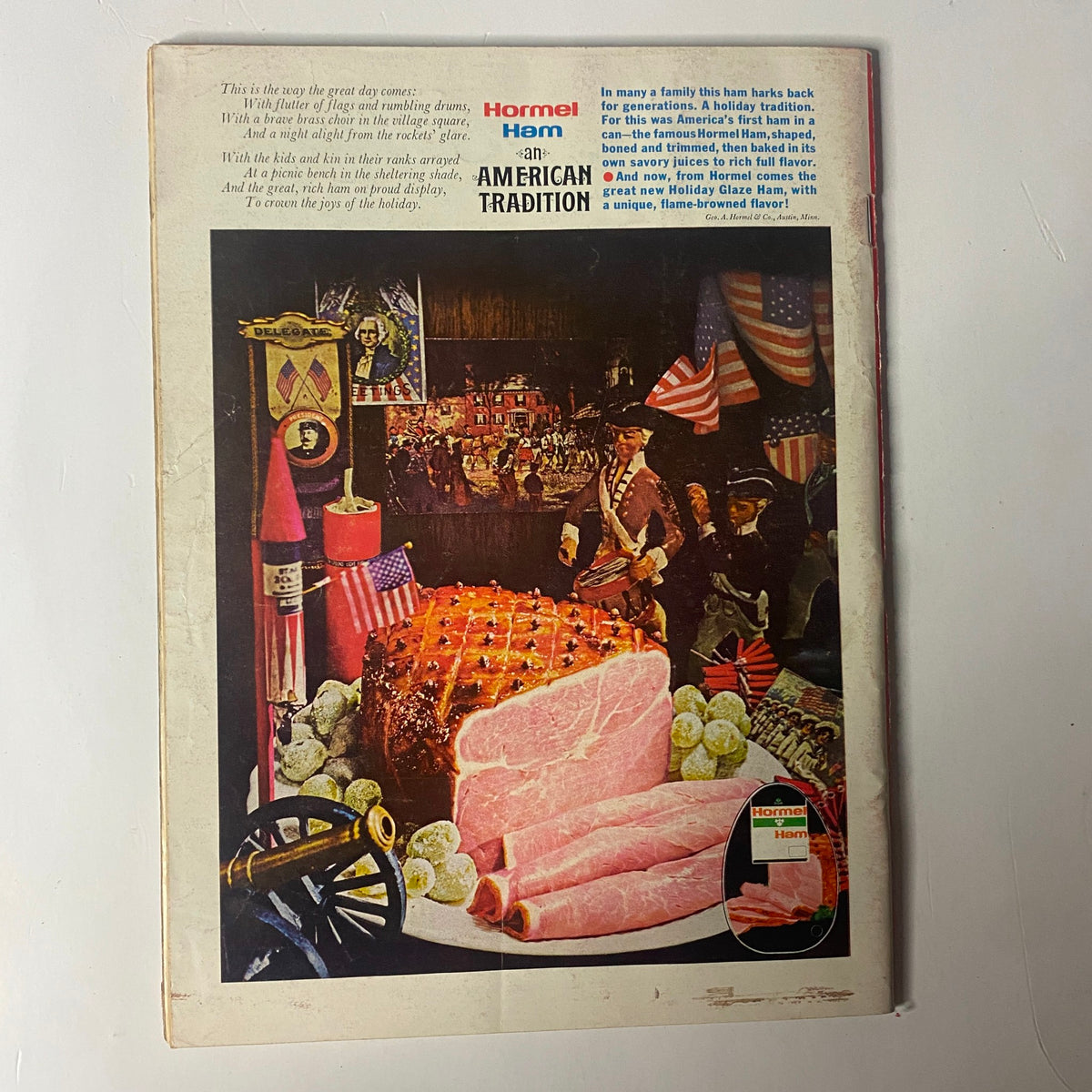 Time Magazine June 14, 1968 Robert Kennedy Cover - Illustrated advertisement featuring Hormel Ham embedded in a festive setting with American flags and decorative elements.