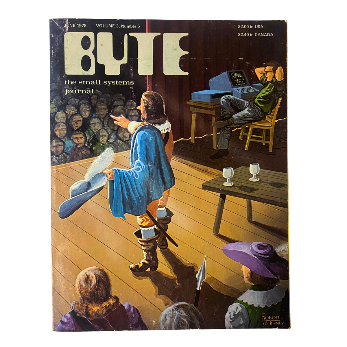 Byte Magazine June 1978, Volume 3, Number 6, featuring an illustration on the cover depicting a dramatic scene related to computing. The cover highlights the theme of small systems in personal computing.